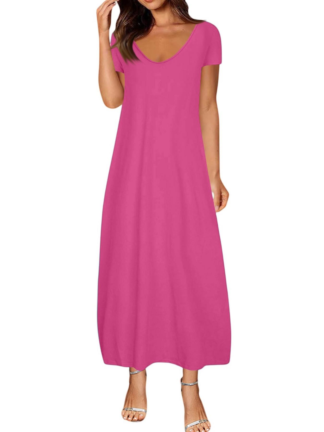Women's Long Dress 2026, Coffee Color Everyday Casual Round Neck Short Sleeve Pockets Sleepwear, Soft Comfortable All-Season Dress