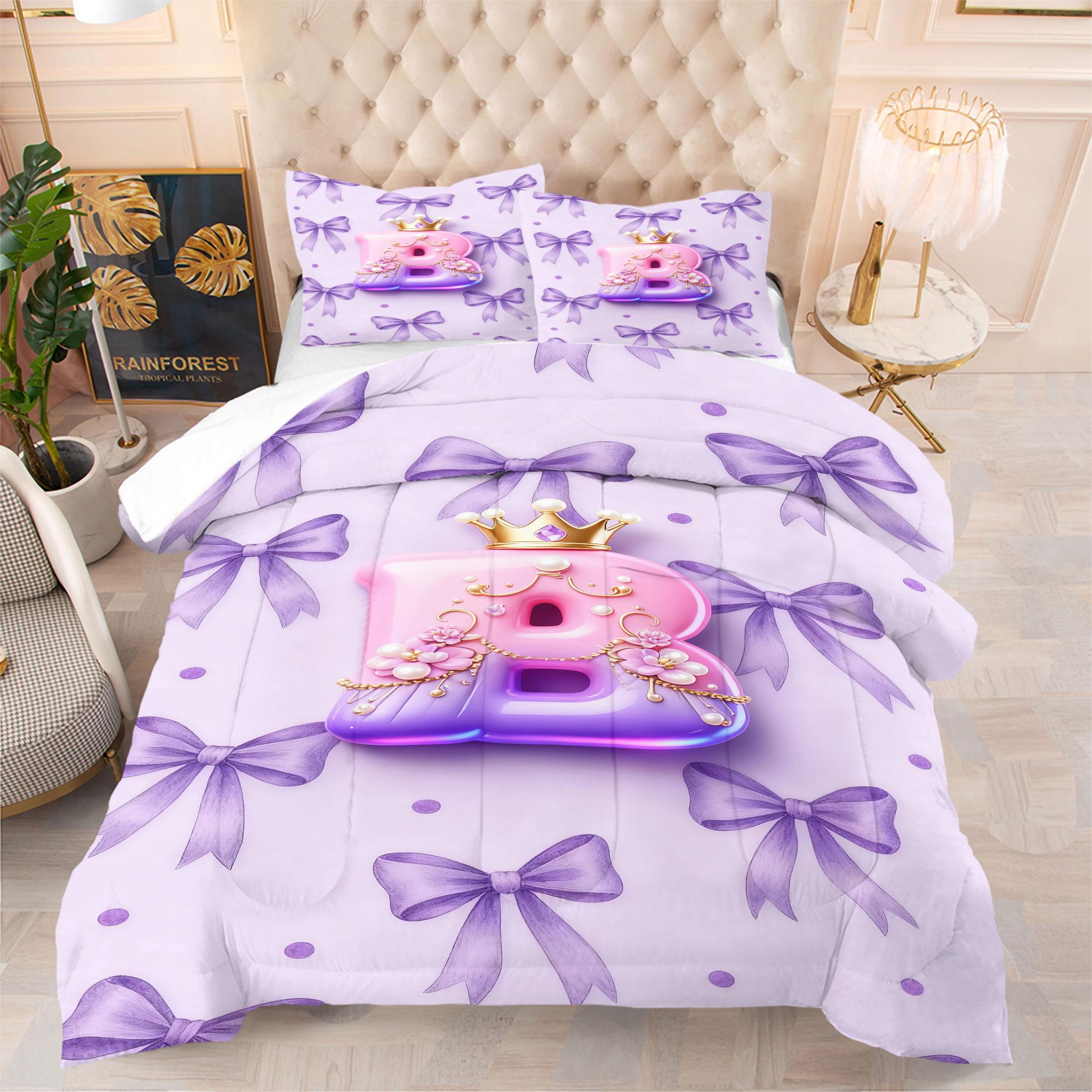 Bow Pattern Comforter Set, 3D Crown Letter Print Comfy Bedding Set, Fashion Princess Style Design, Soft and Comfortable Microfiber Material, Perfect for Girls Teenage Room Decor Home Decorating Kit, No Filler Included