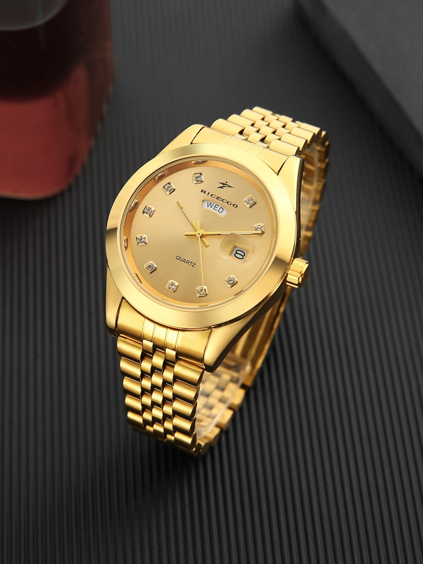 RICECGO Men's Quartz Watch Luxurious solid gold finish Elegant Round Dial Diamond-set hour markers sparkle with eye-catching brilliance Features day and date display Exudes prestige for business gifts Limited-time offer—act fast before it's gone