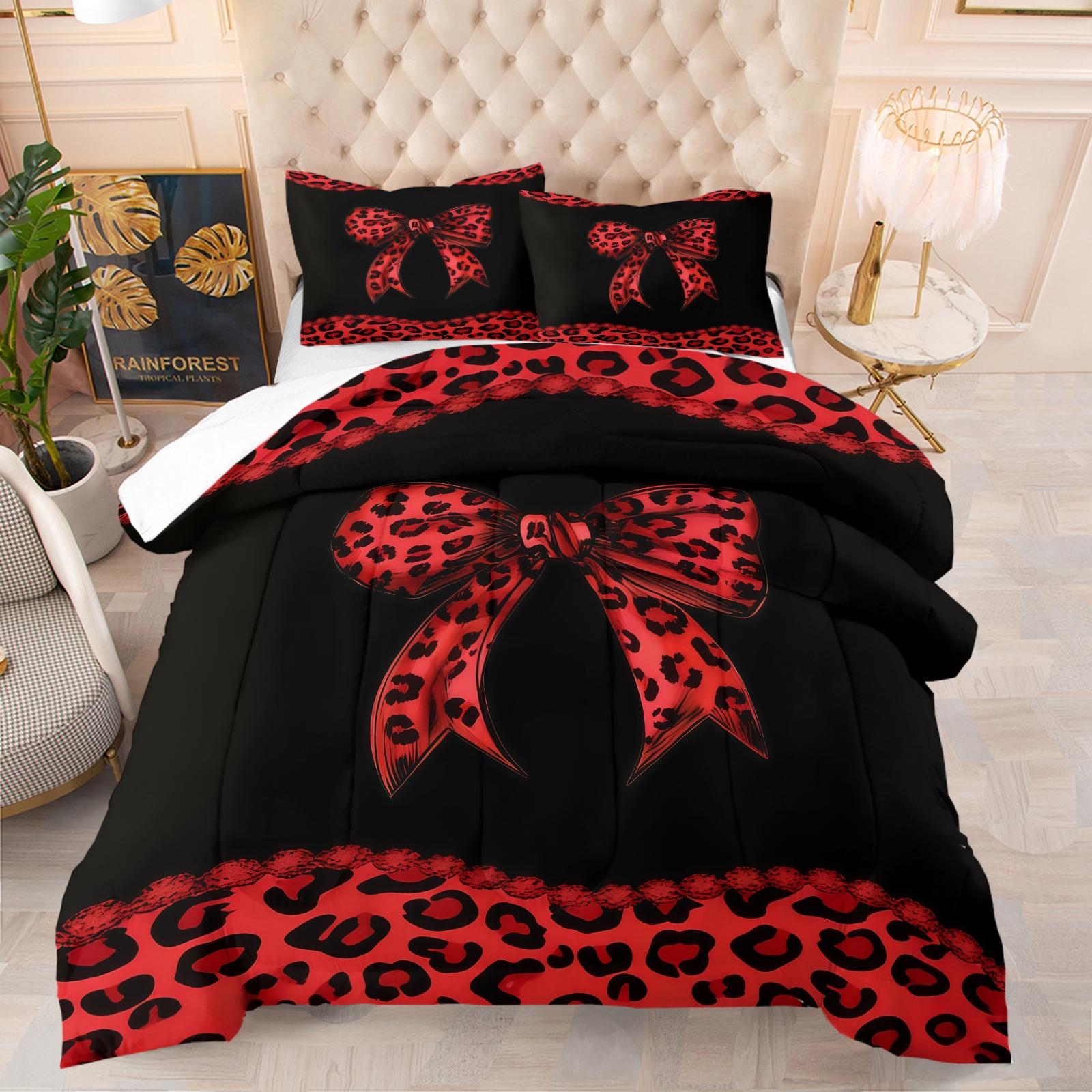 Leopard Print Bow Pattern Comforter Set, Soft And Durable Bedding Set, Including 1 Comforter And 1 Or 2 Pillowcases, Suitable For Children And Adults Daily Holiday Birthday Gifts Bedroom Decorations, Soft Bedding Sets