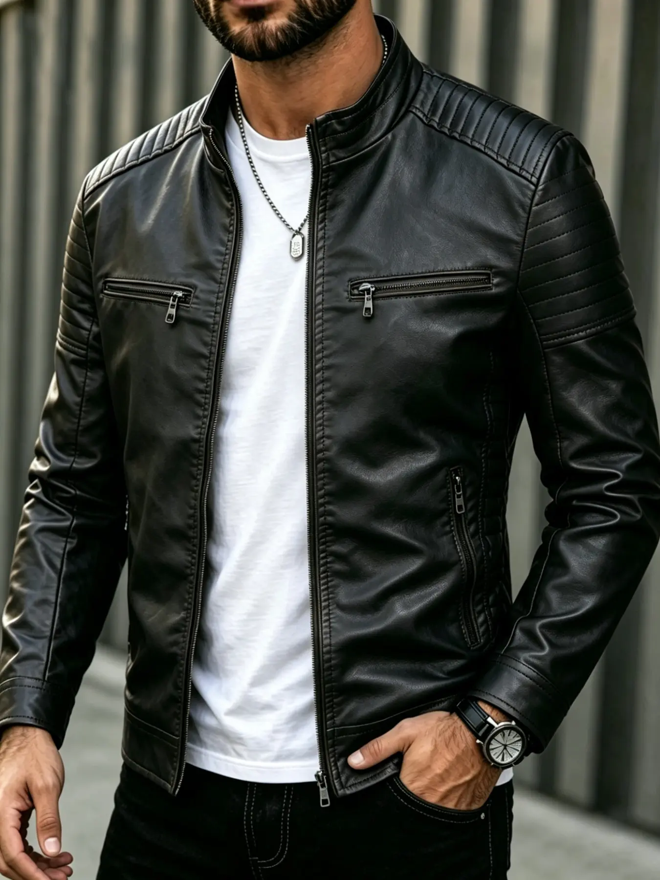 American Motorcycle Jacket Slim Fit, Versatile Casual Leather Coat with New Zipper Design, Stand Collar Youth Fashion Men's Outerwear