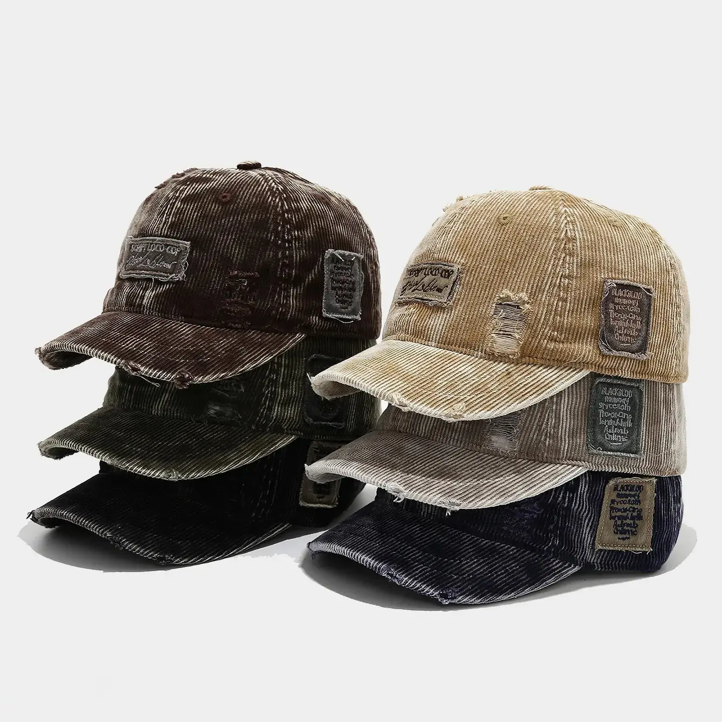 Unisex Retro Distressed Corduroy Patchwork Look Baseball Hat - Y2K Grunge Washed Ribbed Dad Cap with Ripped Edge, Streetwear Sun Hat for Daily Outdoor Use