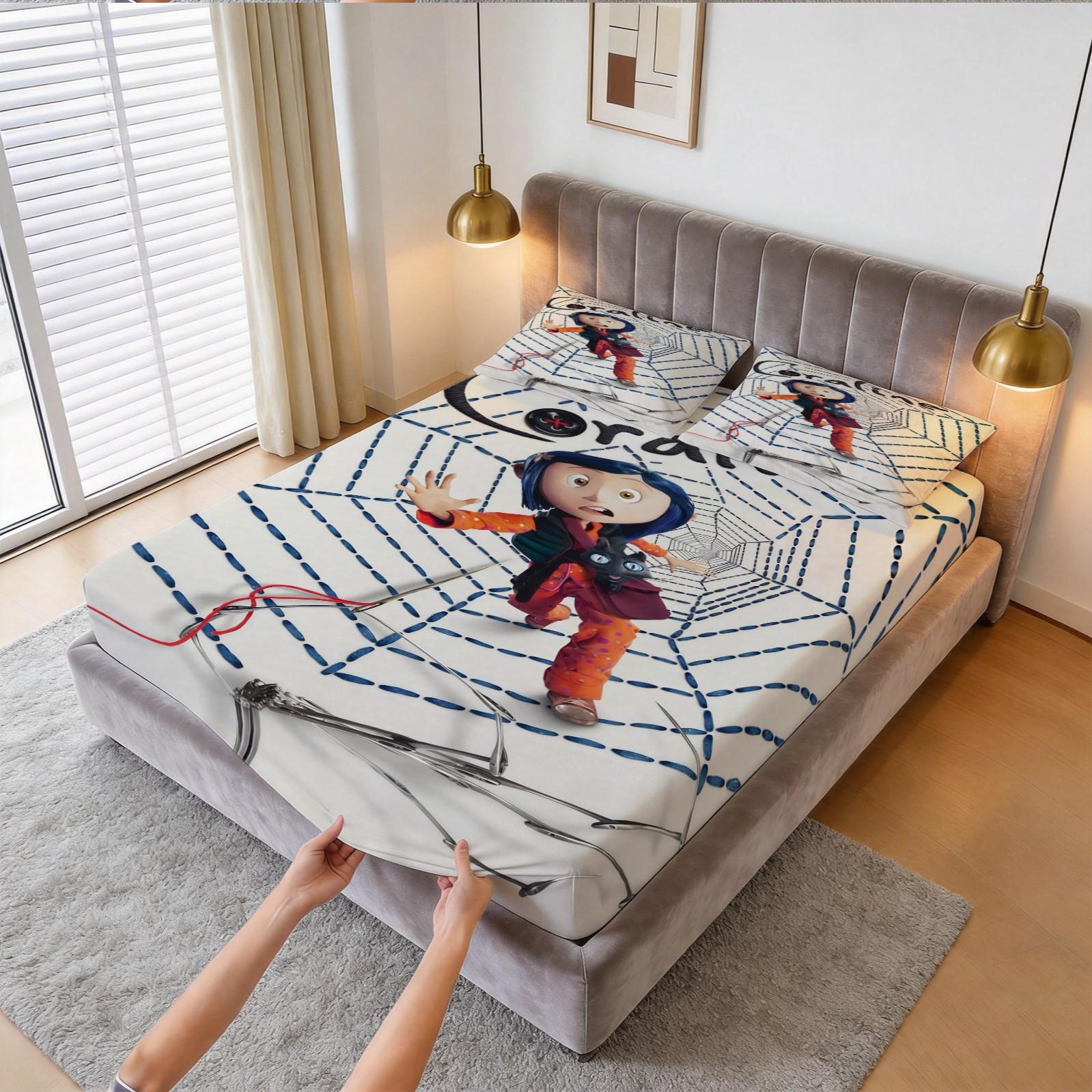 Coraline Printed Pattern Bed Sheet Set, Halloween Themed Decoration, 1 Bed Sheet With 2 Pillowcases (Excluding Pillow Core), Suitable For Teenage And Adult Bedrooms, Suitable As Decoration And Gift