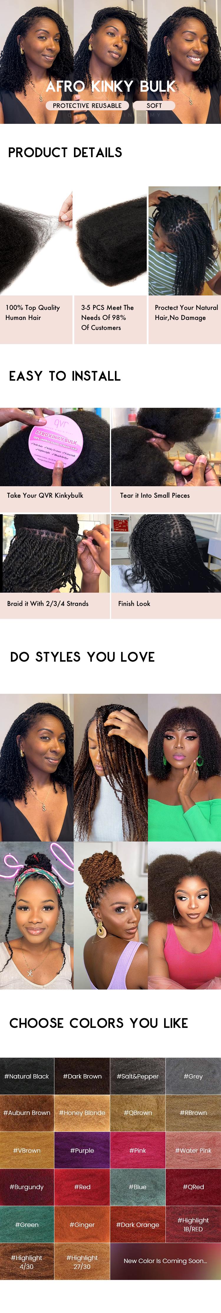 QVR Ginger Orange Afro kinky Bulk Hair Extensions For Braiding Dreadlock Human Hair