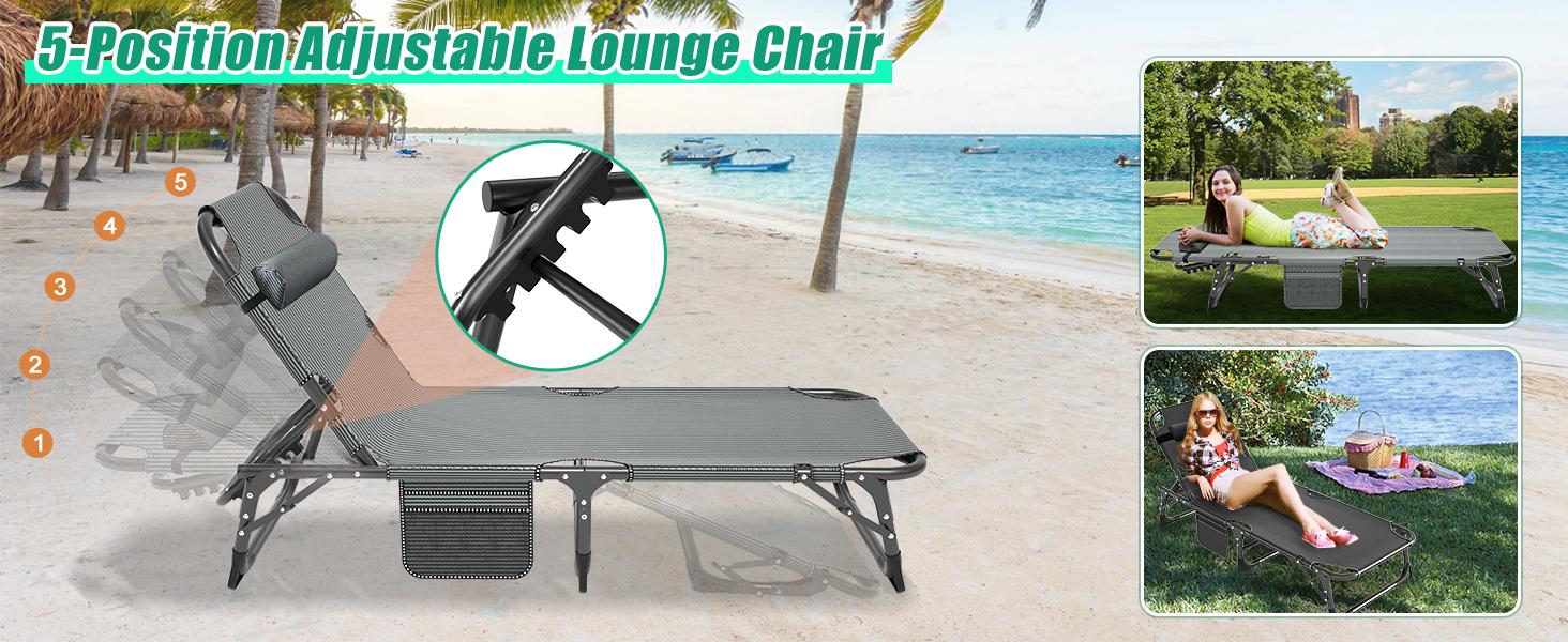 Lilypelle 3-in-1 Tanning Chair, 5-Position Adjustable Heavy Duty Folding Chaise Lounge Chair with Cushion, Portable Beach Lounge Chair for Outdoor Sunbathing Patio Pool Lawn Deck Poolside