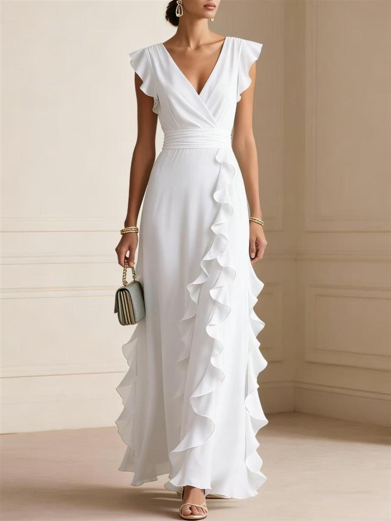 【XX72 Exclusive】Women’s Elegant Maxi Dress, V Neck Ruffle Dress, Flutter Sleeve Wrap, Formal Long Dress, Wedding Guest Evening Party Gown