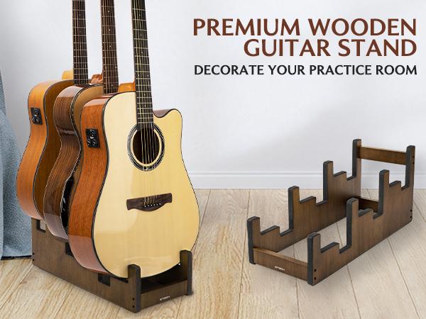 STRICH Wooden Guitar Stand for Multiple Guitars, 3-Holder, Front Display Space-Saving Floor Guitar Rack, Padded Multi Guitar Stand for Home, Studio, Stage, GS-3N (For 3 Acoustic/Electric/Bass)