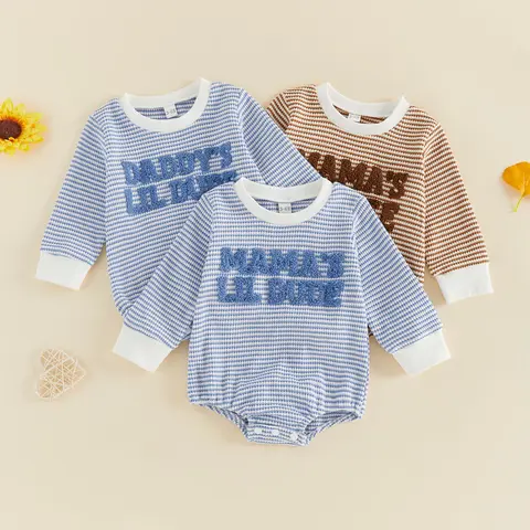 REDWOON Infant Baby Boy Waffle Romper Long Sleeve Mama's/Daddy's Little Dude Embroidery Striped Bodysuit Fall Winter Clothes 0-18 Months