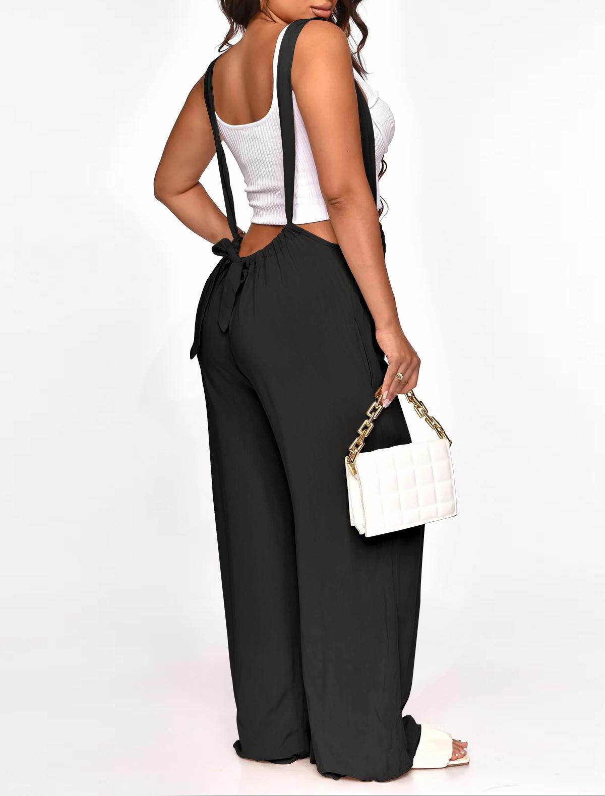 Women's Drawstring Tie Back Wide Leg Pocket Suspender Pants Casual Loose Fit Jumpsuit for Summer, Adjustable Design, Day Wear, Solid Color pants women linen pants