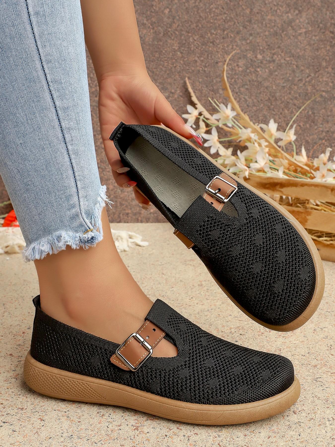 Women's Multicolor Flyknit Mary Jane Flat Shoes, Breathable Mesh, Leather-Like Buckle, Soft Rubber Sole, Comfortable Casual Footwear