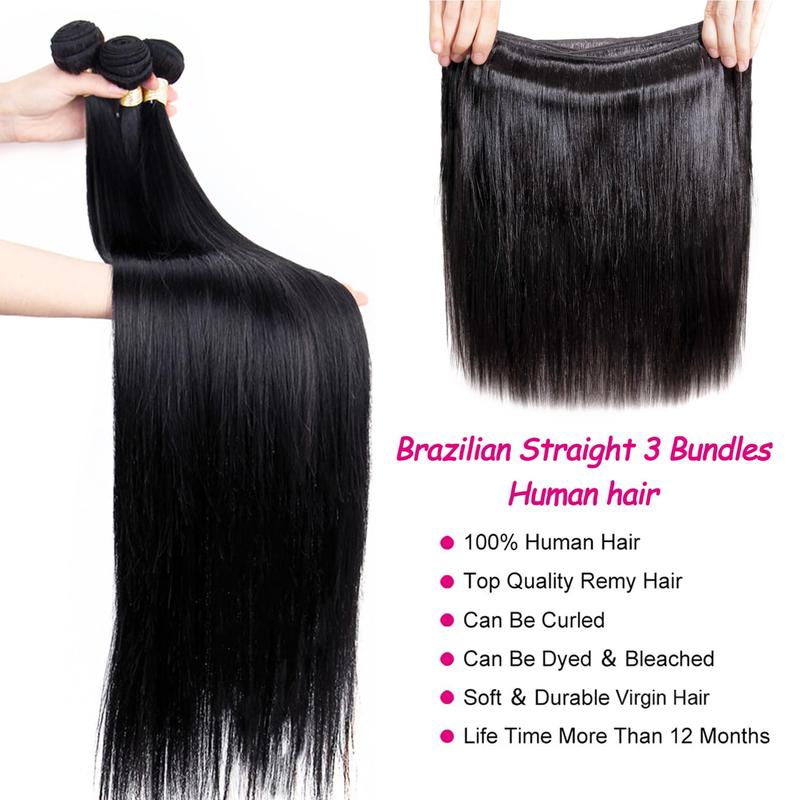 VIPbeauty 10A Straight Bundles with Closure(5*5 Free Part) Human Hair Bundles with Closure 100% Unprocessed Brazilian Virgin Human Hair Weave 3 Bundles with Closure HD Lace