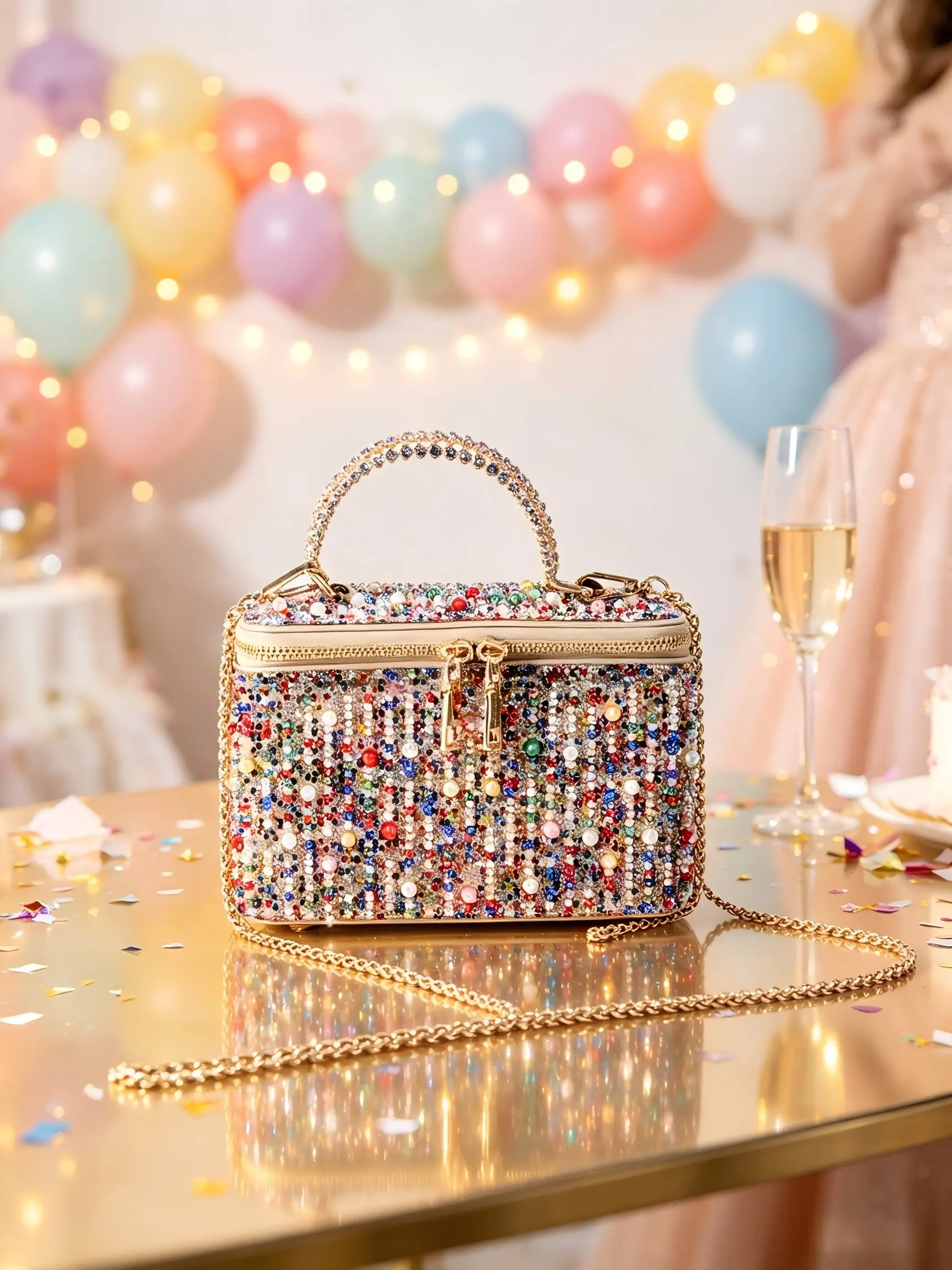 Women's Shiny Box Evening Bag, Rhinestone Pearl Makeup Bag, Detachable Silver Color Chain Crossbody Bag, Perfect for Weddings Parties Balls