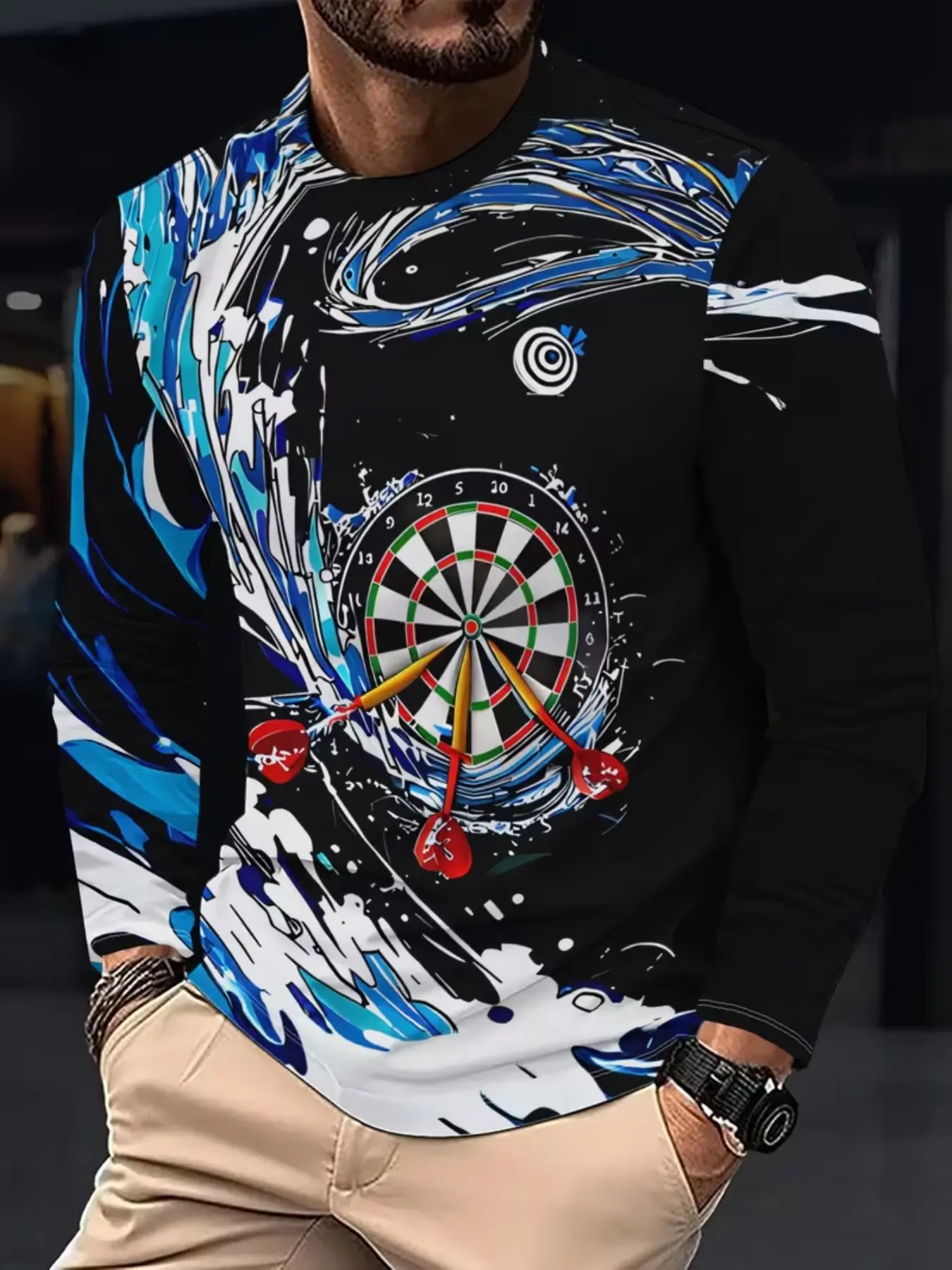 Men's Long Sleeve T-Shirt, Background with Blue Waves, Dart Target and Darts Print, Casual Fitted Top, All Seasons Wear