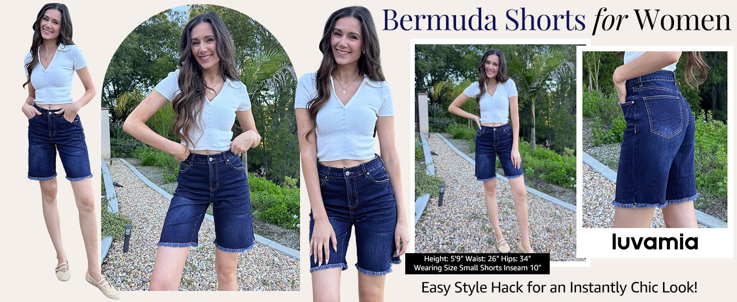 luvamia Jean Bermuda Shorts for Women Trendy Mid Rise Raw Hem Knee Length Stretchy Denim Long Shorts Summer Casual Jorts