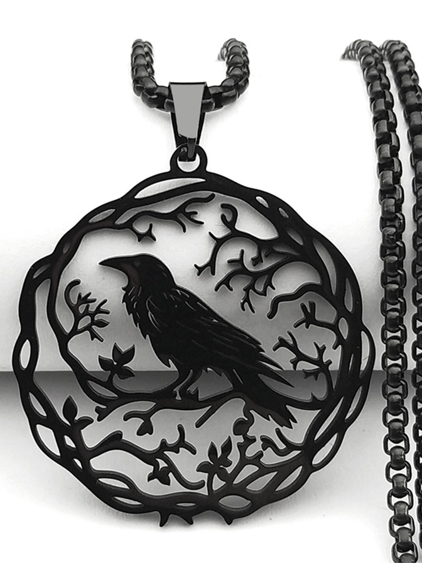 Hollow Crow Raven Birds Pendant Necklace Women Men Stainless Steel Black Color Love Flower of Life Knight Chain Gifts