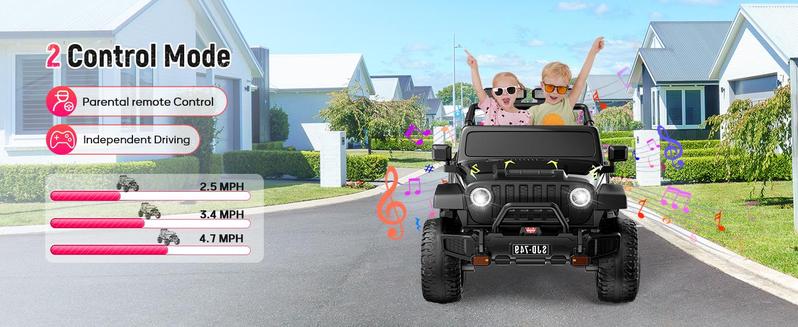 12V-24V Ride on Truck Car 1-2 Seater Ride Kids Electric Car - 7Ah Large Battery Kids Electric Vehicles with Remote Control, 4WD Kids Jeep 3 Speeds LED Lights, Horn, Music for Kids Aged Black