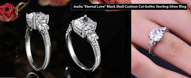 Jeulia 3.9ct Skull Engagement Ring Sterling Silver Cushion Cut Gothic Ring Cubic Zirconia Black Band Wedding Promise Anniversary Romantic Jewelry for Women Men with Jewelry Gift Box Jeulia 3.9ct Skull Engagement Ring Sterling Silver Cushion Cut Gothic Ring Cubic Zirconia Black Band Wedding Promise Anniversary Romantic Jewelry for Women Men with Jewelry Gift Box