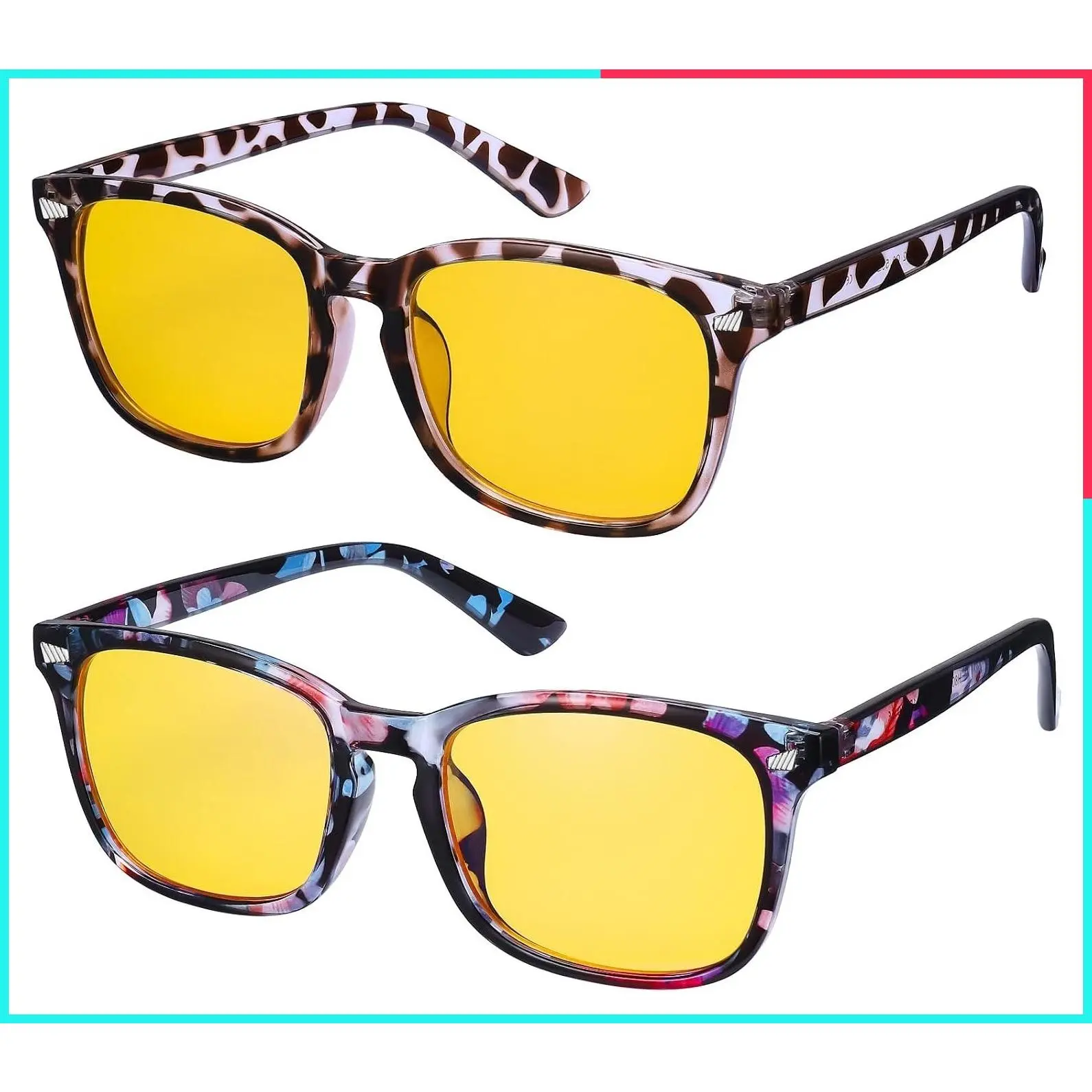 2Pcs Night Vision Driving Glasses Polarized for Men Women - Yellow Anti Glare UV400 Lens, Lightweight Square Frame, Day & Night Use for Driving, Fishing, Cycling, Traveling