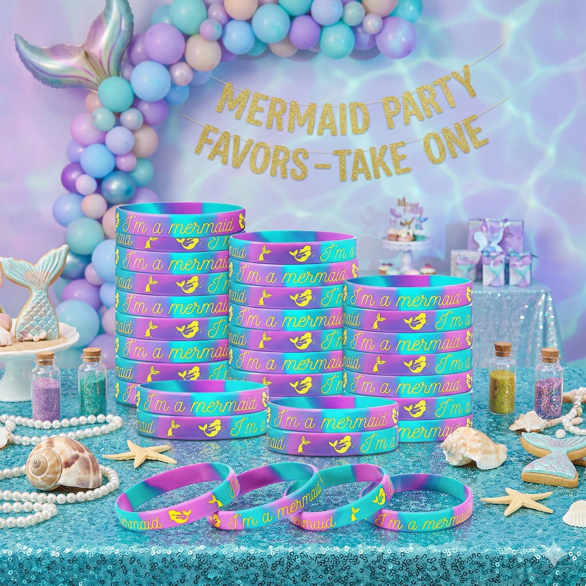 24 Pcs Kids Mermaid Silicone Bracelets, Marble Rubber Bands, Ocean Theme Party Gifts, Birthday Favors, Classroom Rewards