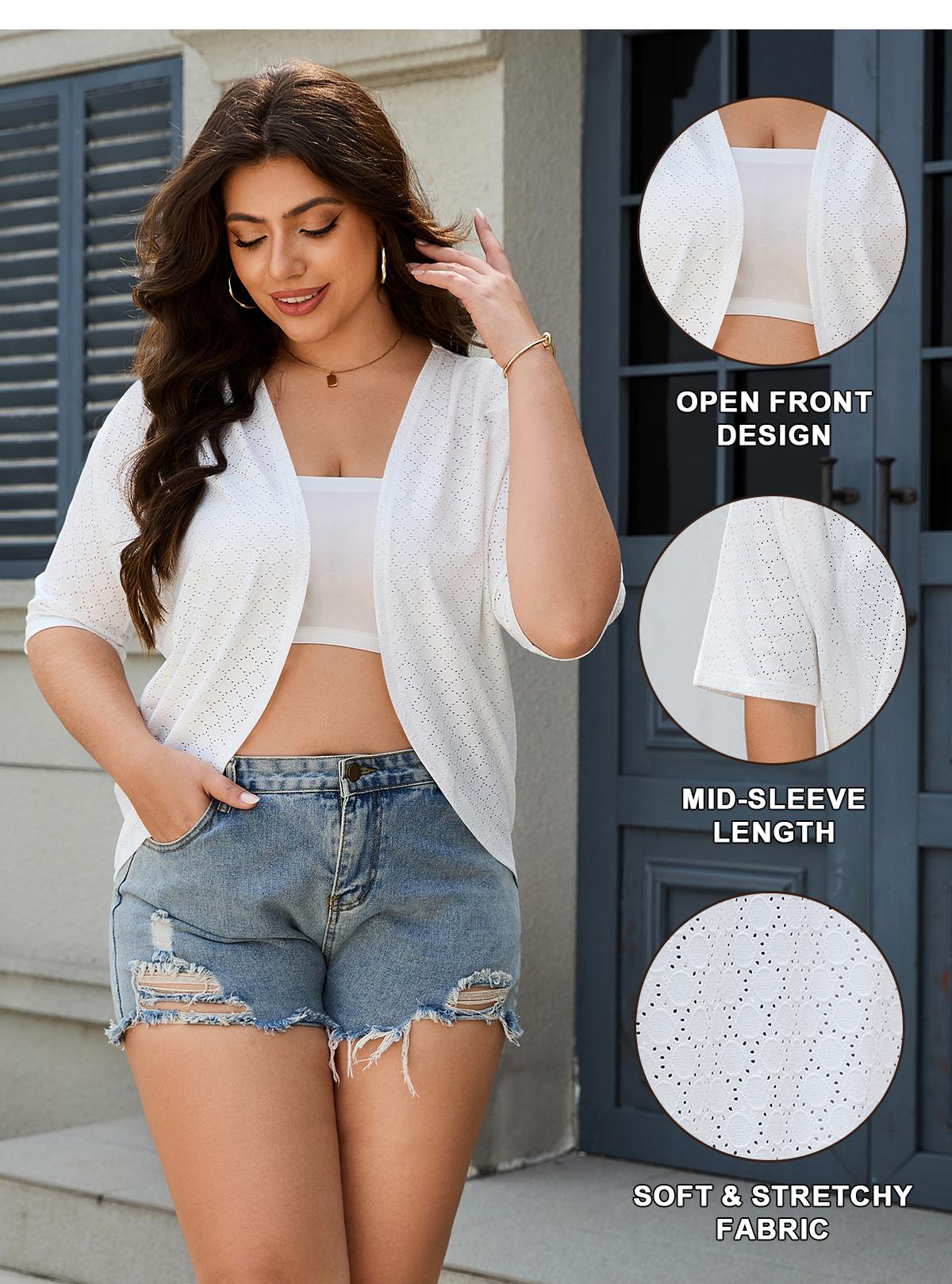 Chicovar Women Cardigan Summer Open Front Basic Kimono Eyelet 3/4 Batwing Sleeve Knitwear Minimalist Tops Lady Lightweight Dressy Cardigans Loose Casual Cover Up Tops