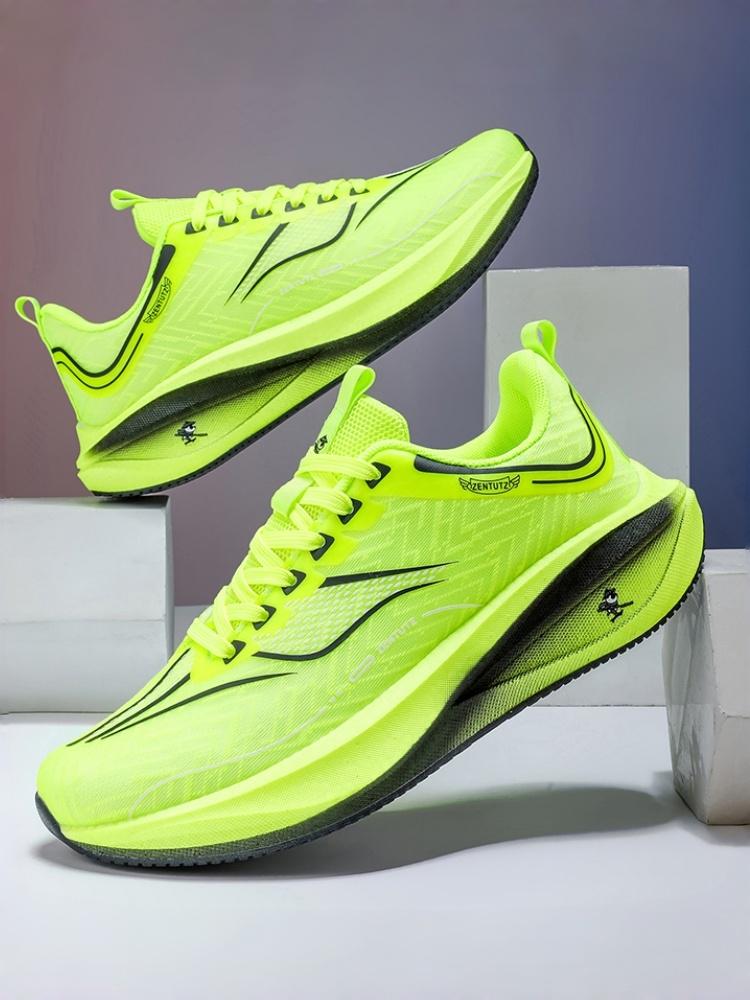 Unisex Bright Yellow Racing Mesh Running Shoes, Platform Non-slip Wear-resistant Professional Sports Sneakers