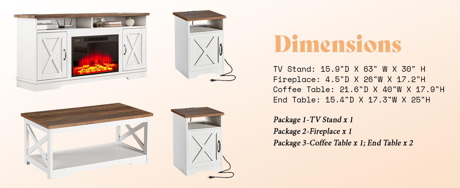 AMERLIFE 5-Piece Farmhouse Table Set Include 63" TV Stand with 26" Fireplace, 40" Coffee Table, 2 End Tables with Charging Station & USB Ports, Living Room Table Sets with Barn Door, Rustic Oak&White