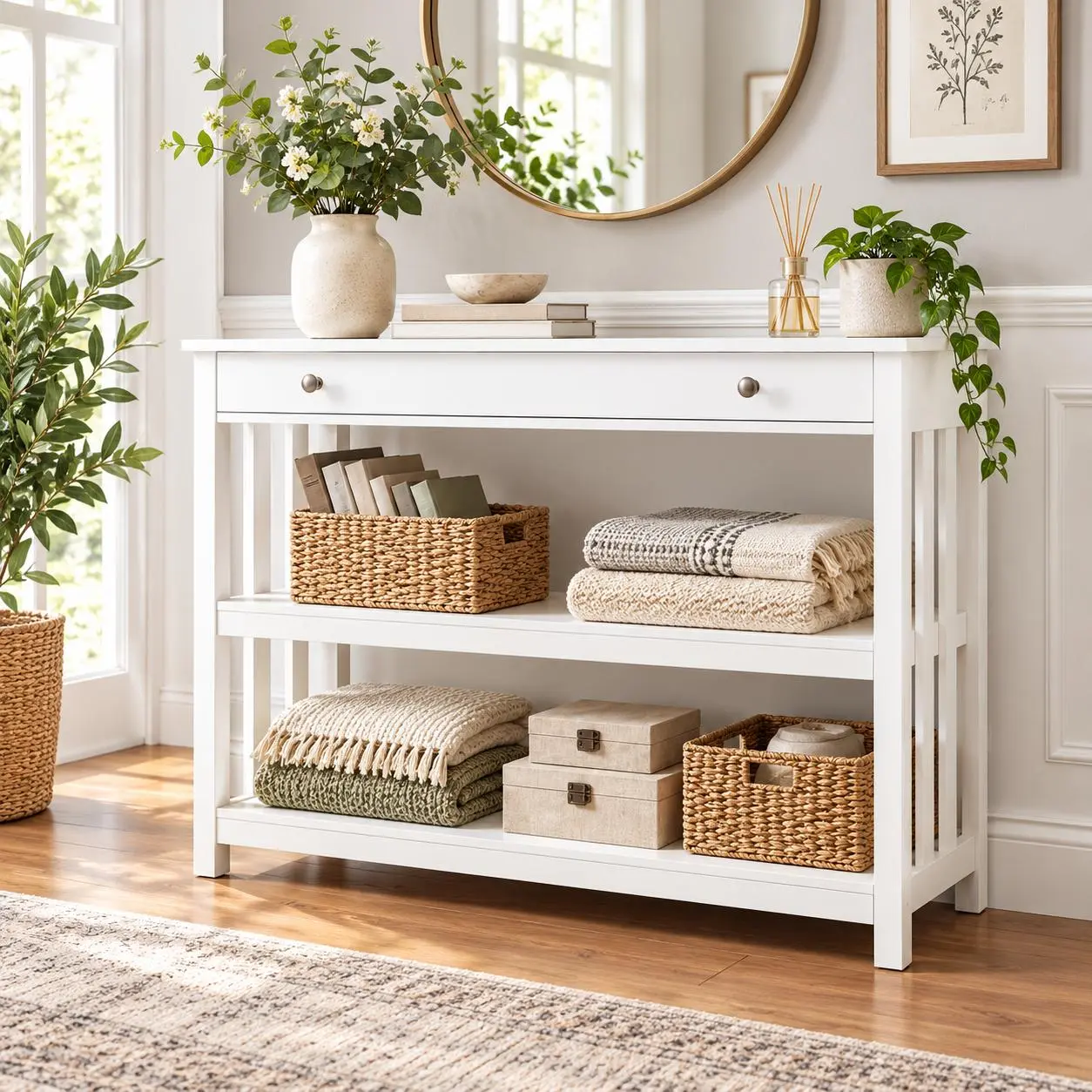 GARVEENarrow Console Table with Drawer & 2 Open Storage Shelves, Modern Entryway Sofa Table for Hallway, Living Room & Bedroom, Black, Brown or White