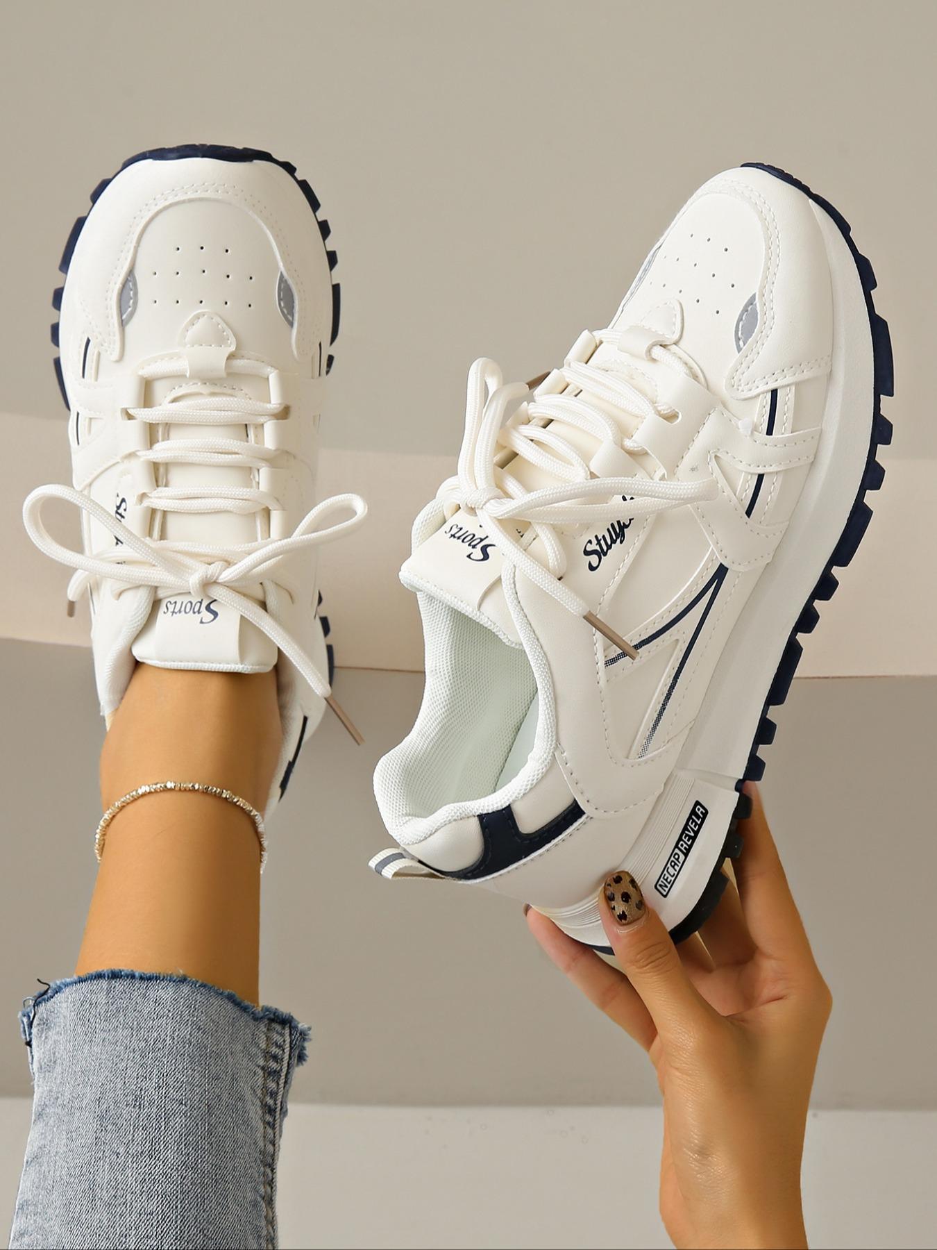 Women's Fashionable Letter & Striped Pattern Lace Up Low Top Sneakers, Casual Comfortable Breathable Sports Running Shoes, All-match Basic Shoes for Daily Wear, Sporty Running Fashion1123