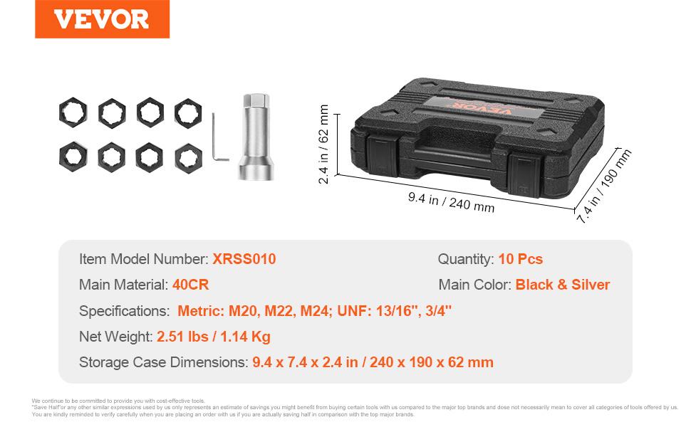 VEVOR 10-Piece Axle Spindle Thread Chaser Set, Metric M20 M22 M24 and UNF 13/16 3/4 Thread Restorer Tool, Rethreading Tool Kit with Extension Bar, Hex Wrench, Storage Case, for Damaged Axle Spindles