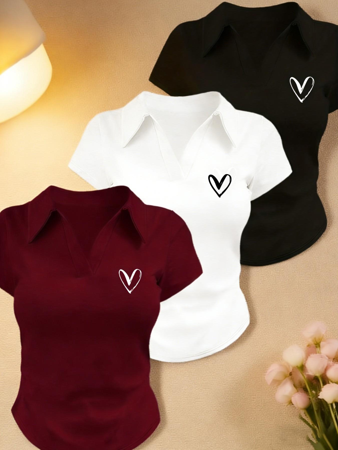 Women's 3 Pack Heart Graphic Polo Shirts, Short Sleeve V Neck Slim Fit Crop Tops, Soft Stretchy Y2K Aesthetic Tees, Casual Going Out Daily Wear for Teens, Juniors & Young Adults Women's 3 Pack Heart Graphic Polo Shirts, Short Sleeve V Neck Slim Fit Crop Tops, Soft Stretchy Y2K Aesthetic Tees, Casual Going Out Daily Wear for Teens, Juniors & Young Adults