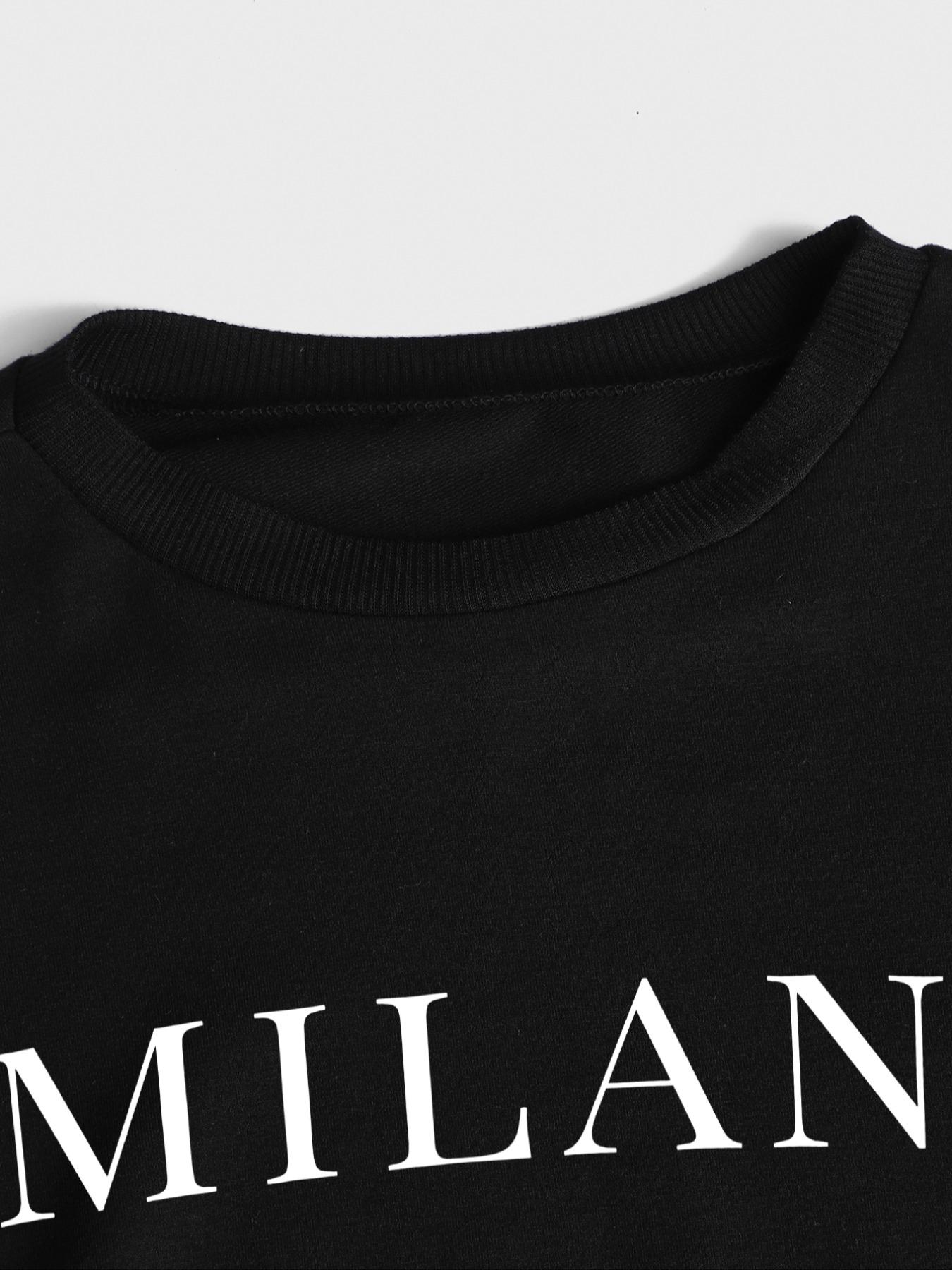 Women's 2-Piece Fitted Sweatshirt Set, Milano Letter Print, Round Neck Long Sleeve, Bottoms Pants, Casual Fall Winter