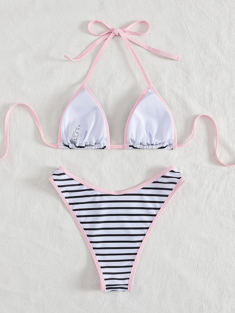 Summer Vibe Alert! Black & White Striped Halter Bikini Swimsuit Set with Pink Trim - Viral Beachwear for Insta-Worthy Photos