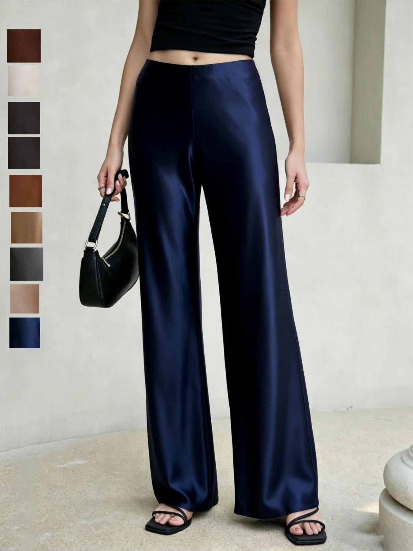 Elegant Acetate Satin Long Pants for Women, High-Waisted Straight Leg Wide Leg Trousers, Office Wear Outerwear, Premium Quality, Bottoms
