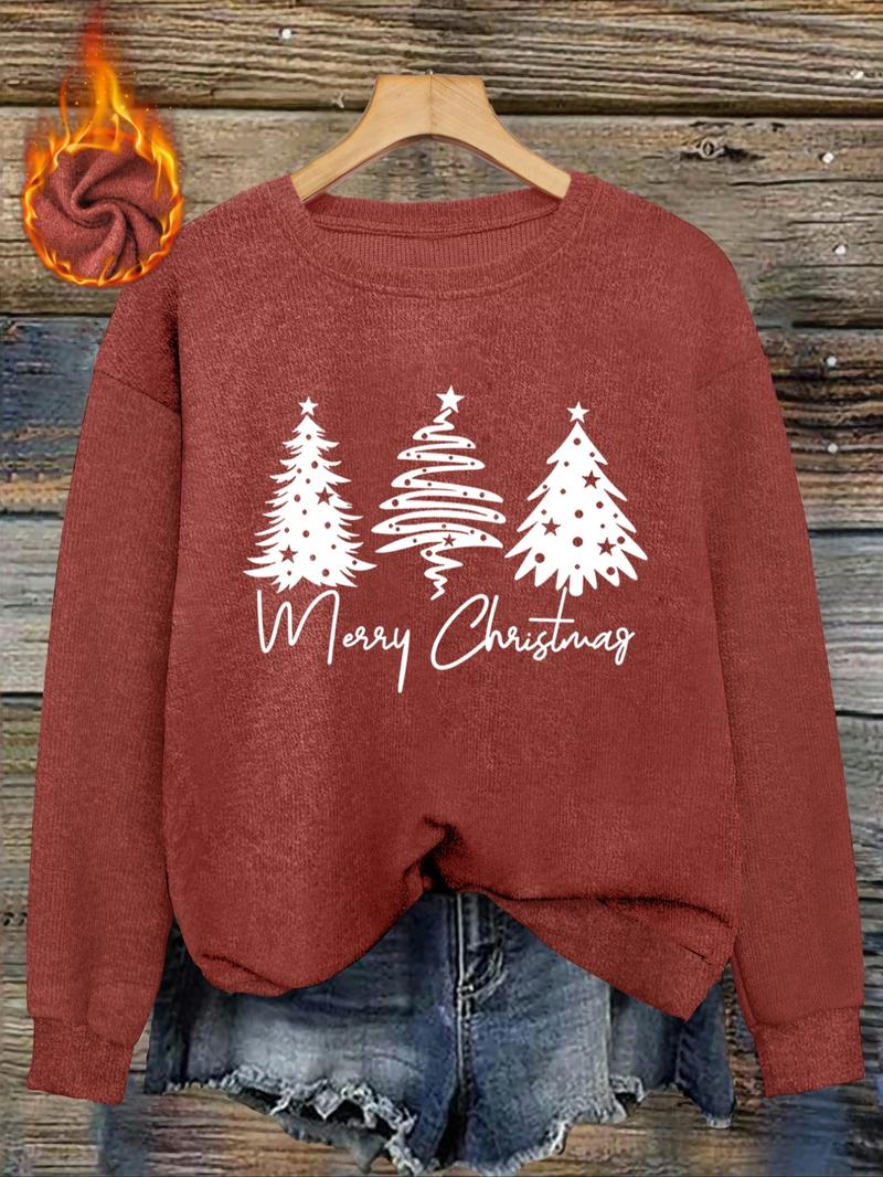 [Autumn and Winter] Merry Christmas Women's Casual Fashion Round Neck Faux Sweater Top, Women's Christmas Round Neck Faux Sweater Top - Christmas Tree Print Comfortable Round Neck Faux Sweater Top, Lady