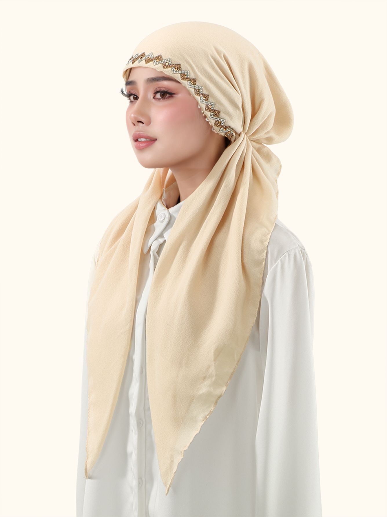 Women's Fashion Plain Plaid Rhinestone Headscarf, Elastic Cap, Stretchy Hijab, Sun Protection Breathable Jersey Hijab, Suitable for All Occasions