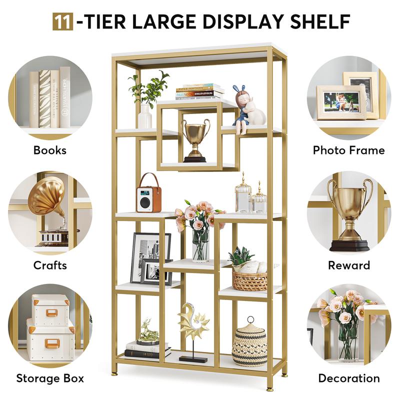 LITTLE TREE 71" Gold Etagere Bookshelf, Modern 11-Tier Tall Open Display Bookcase Bookshelves, Free Standing Book Shelf for Living Room, Bedroom, Home Office storage