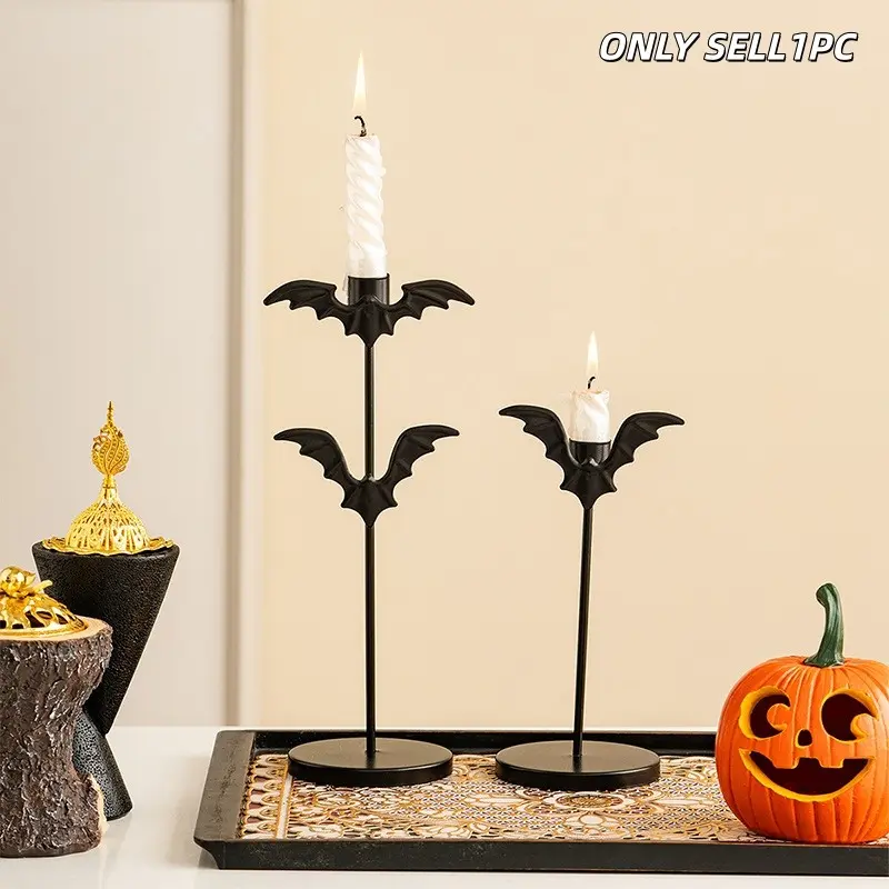 1PC Black Bat Iron Candlestick, Gothic Candle Holder, Indoor Tabletop Ornament for Halloween Party