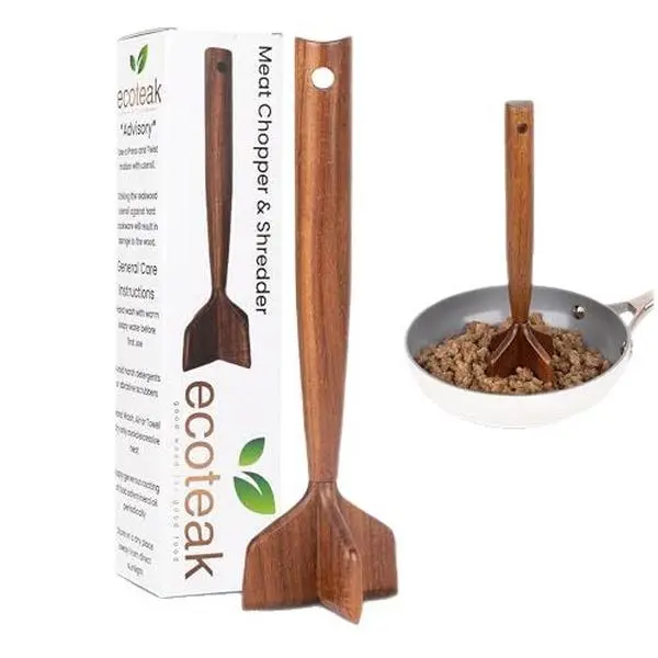 Teak Wood Meat Chopper, Heat Safe Wooden Masher For Nonstick Cookware, Quickly Break Ground Meat And Mix Food Ingredients For Home Kitchen Preparation