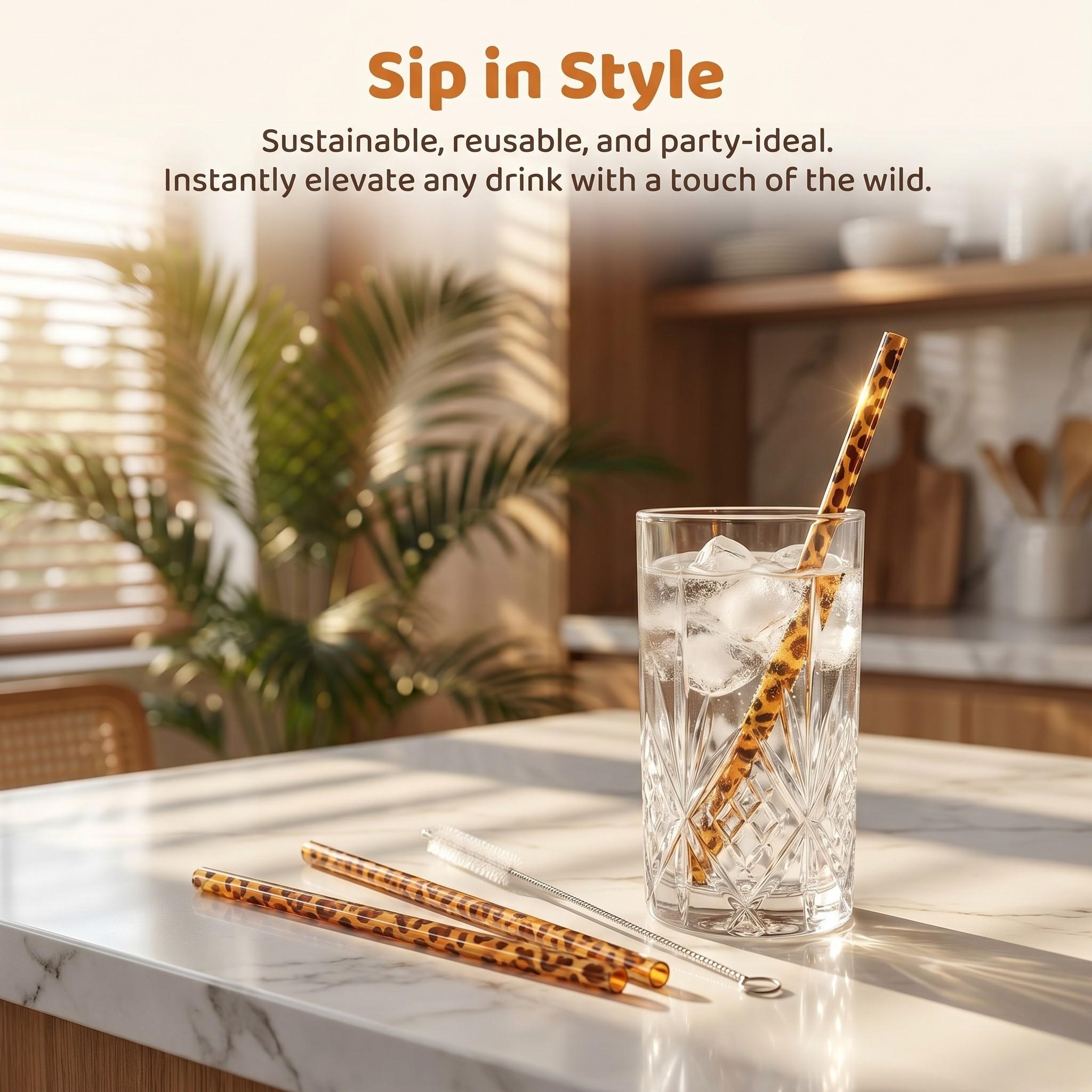 10/20PCS Reusable Leopard Print PP Drinking Straws Set (with 1/2 Brushes), 9-Inch Straws, Durable Easy-to-Clean Smooth-Edge Design for Iced Coffee, Juice, Smoothies, Party & Home Daily Use, Bar Accessories