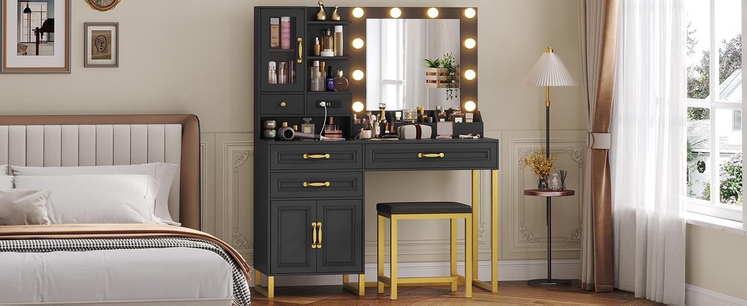 Sikaic Glass Top Makeup Vanity Set with Bench Lighted Mirror Charging Station Furniture Cosmetic Storage Drawer Modern Organization Aesthetic Design Minimal Sikaic Glass Top Makeup Vanity Set with Bench Lighted Mirror Charging Station Furniture Cosmetic Storage Drawer Modern Organization Aesthetic Design Minimal