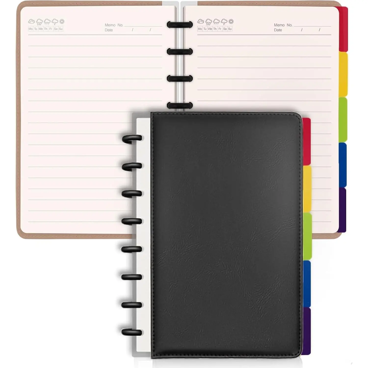 Discbound Notebook Spiral Journal with Removable Pages 180 Wide Ruled Disc Planner with 6 Binder Dividers for Work Meeting School, Black
