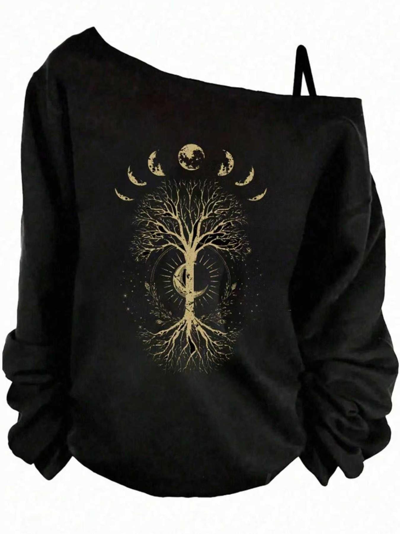 Women's Off-Shoulder Slouchy Casual Sweatshirt, Moon Phase Tree of Life Print, Oversized Pullover, Boho Occult Graphic, Women's Tops, Womenswear, Spring&fall