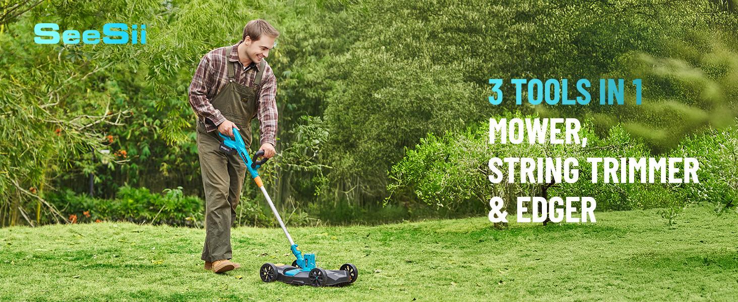 【Seesii】 String Trimmer, 12’’ Cordless Weed Wacker & Edger with 2 * 4.0Ah Batteries - Electric Lawn Mower with 1.3’’/2.1’’ Adjustable Deck - 3-in-1 Battery Lawn Mower for Garden/Yard Outdoorfun