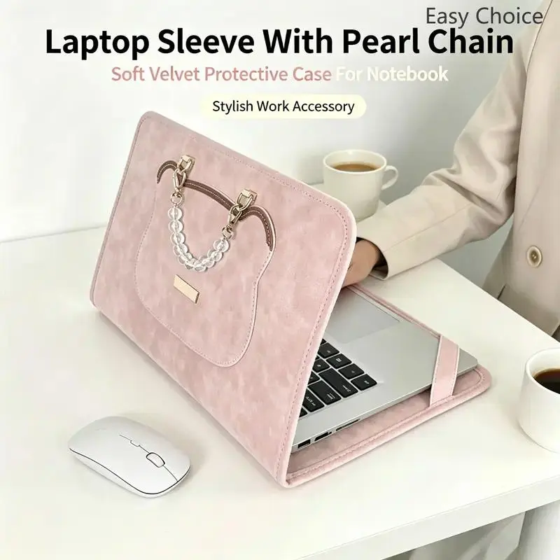 Faux Suede Laptop Sleeve Bag with Pearl Chain Handle, Lightweight Protective Notebook Carrying Case, Portable Computer Cover Organizer, Stylish Fashion Accessory for Office School Commute Travel Business Daily Use for Women Men