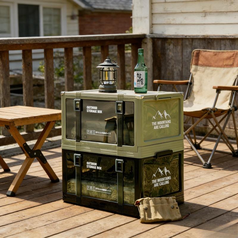Foldable outdoor storage box, small folding camping storage box with transparent door, suitable for camping, picnic, RV and home storage