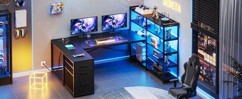 Sikaic 64.5 inches Reversible L Shaped Desk with Storage Shelves U Shaped Gaming Desk with 3 Drawers Power Outlet & LED Strip Ergonomic Chair Game Chair