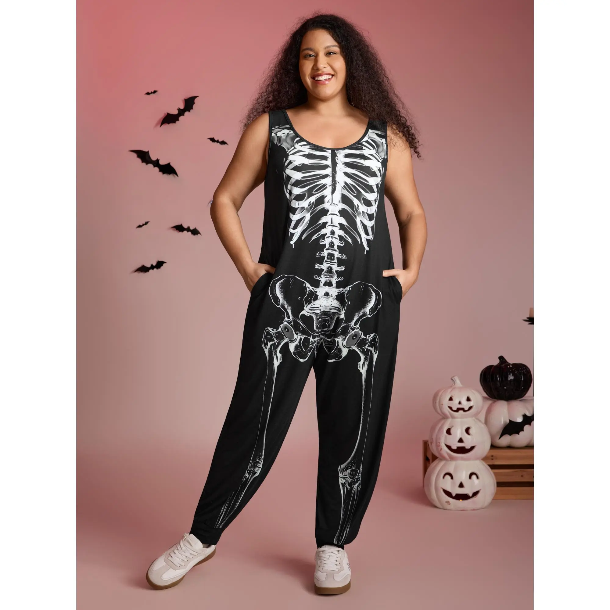 BloomChic Skeleton Printed Off-Sleeves Jumpsuit 【M-6XL】