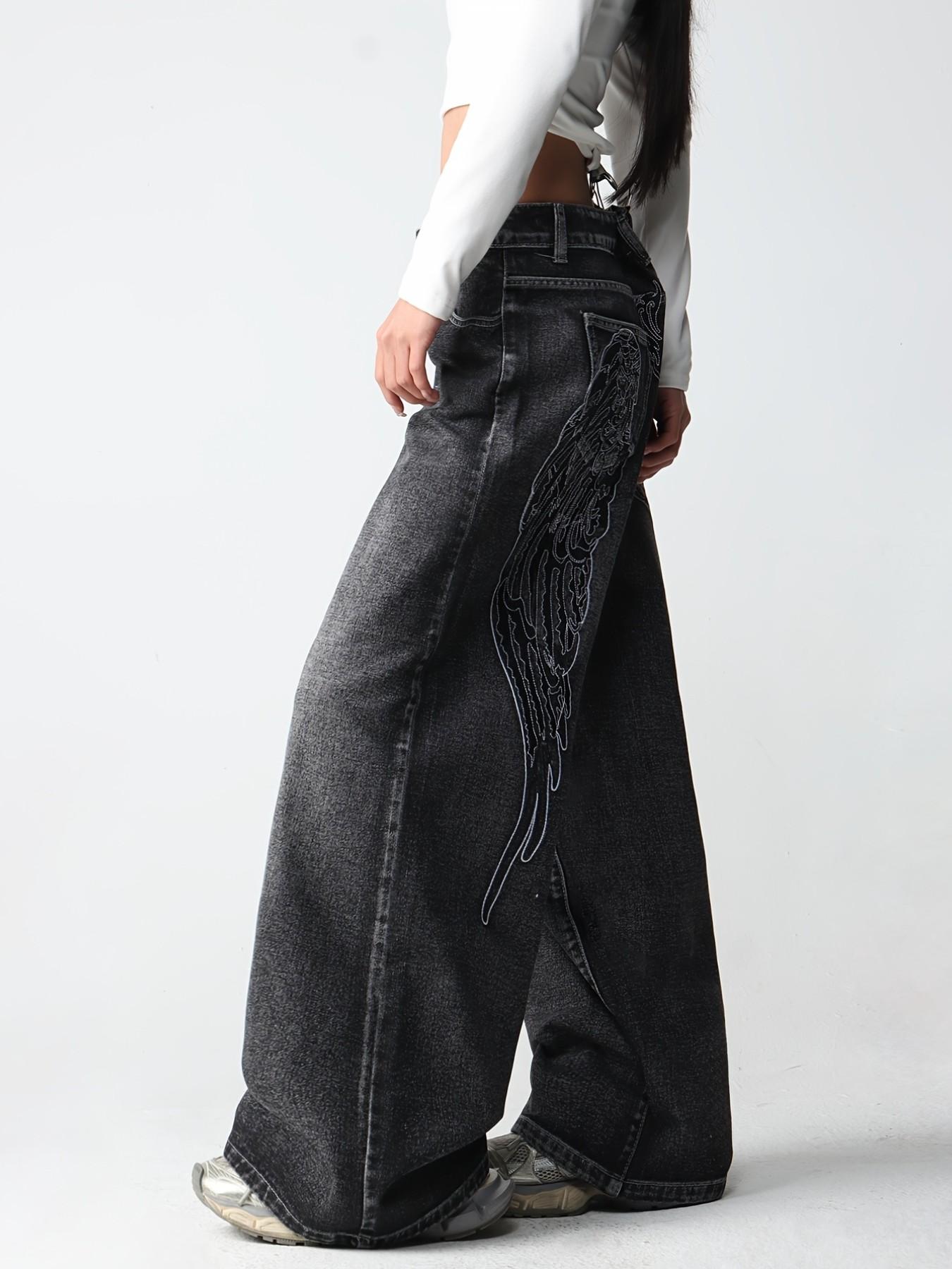 Vintage Creative Wing Embroidery Women's High Waist Baggy Denim Jeans, Casual Jeans Pants, Fashionable Trendy Streetwear Versatile Slimming Wide Leg Long Pants