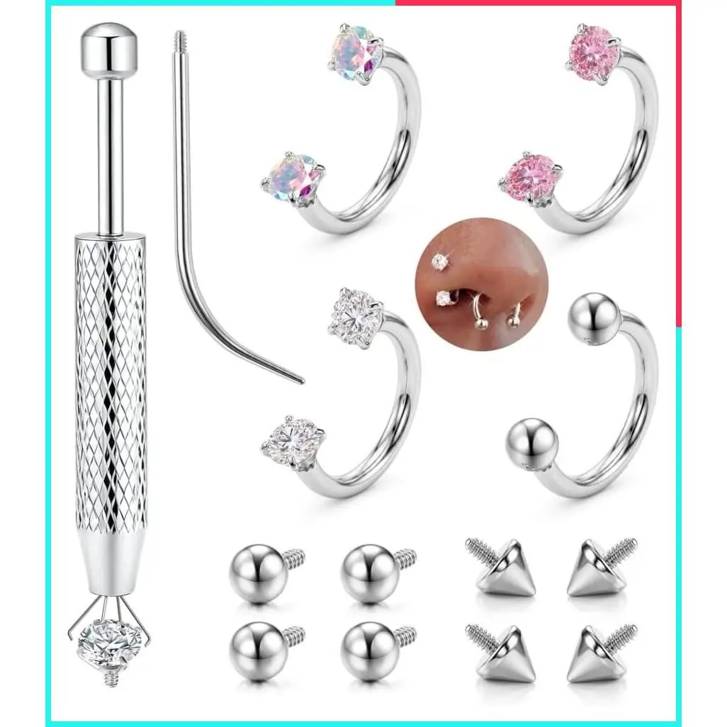 316L Stainless Steel Horseshoe Nose Rings for Women 16G/18G/20G Septum Piercing Jewelry with Replacement Tops & Tool for Helix Tragus Cartilage Lip 14K Gold Plated/Silver