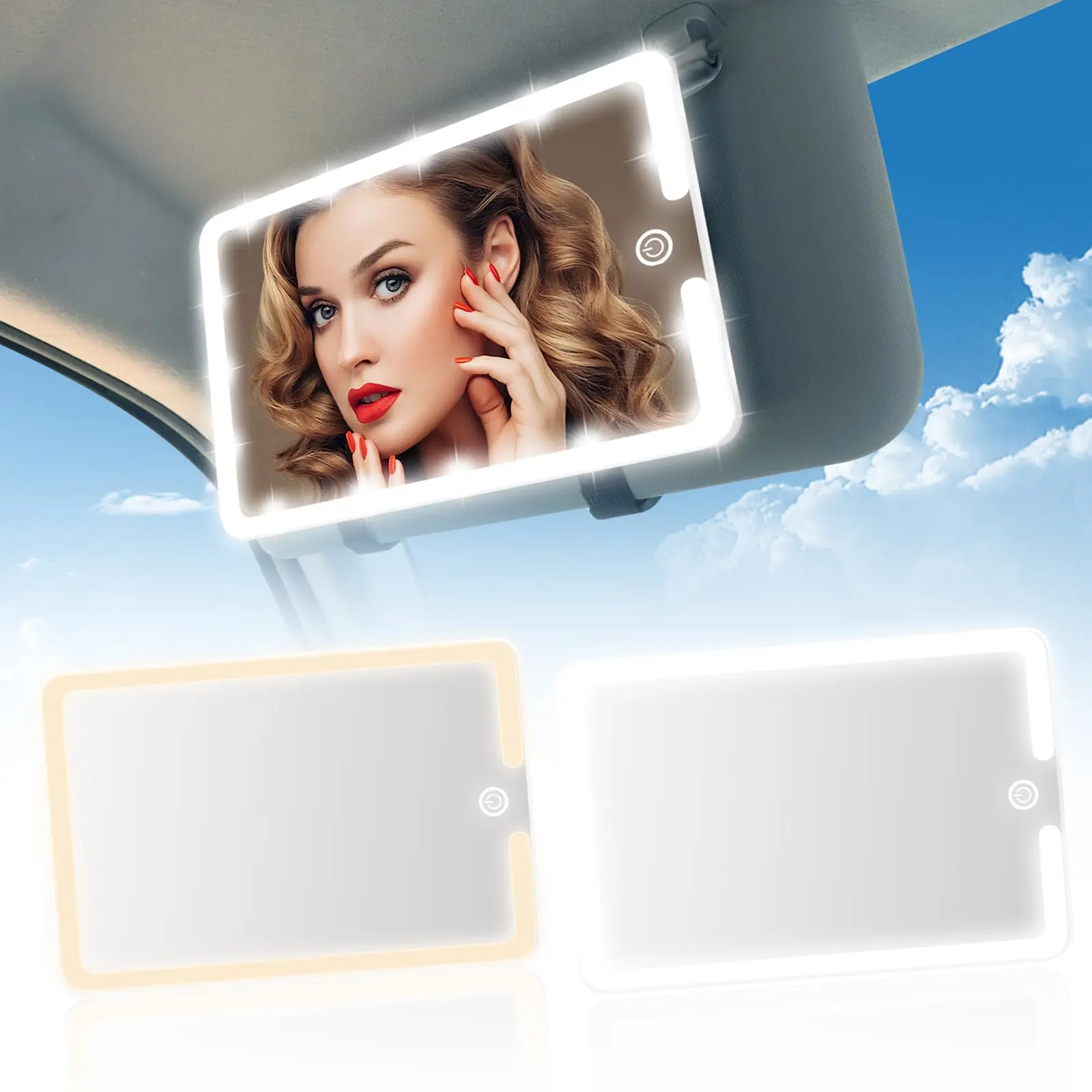 2PCS LED Mirror for Car Sun Visor Accessories,Mid-Size Car Visor Mirrors with 3-Color Dimmable Lights,Lighted Rear View Mirror for Universal Vehicle (White)